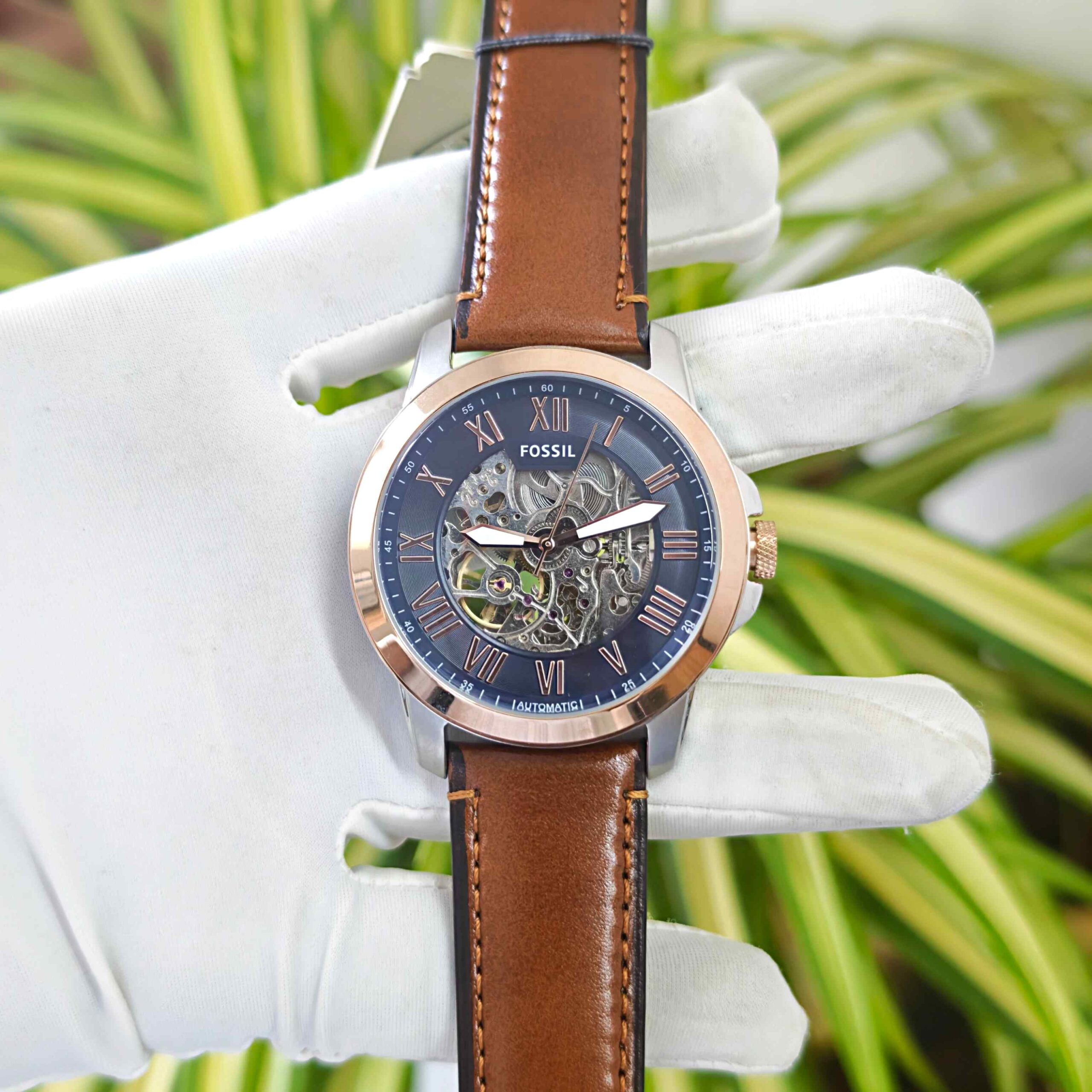 Fossil Grant Skeleton Roman Marker Rose Gold Blue Dial