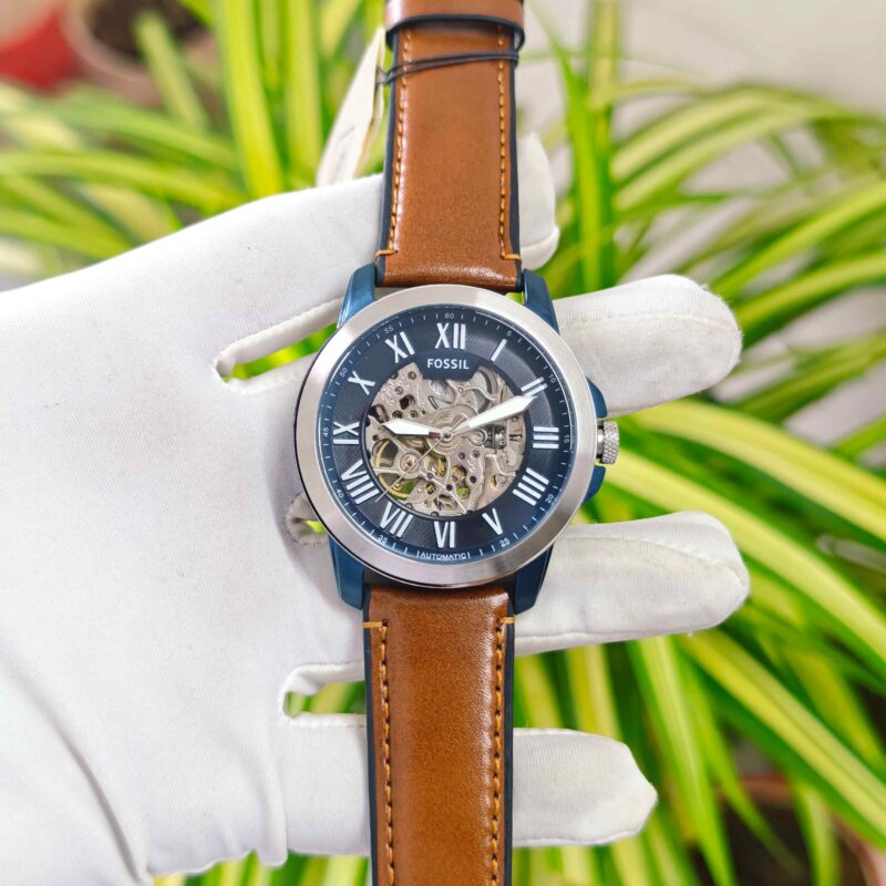 Fossil Grant Skeleton Roman Marker Steel Blue Dial