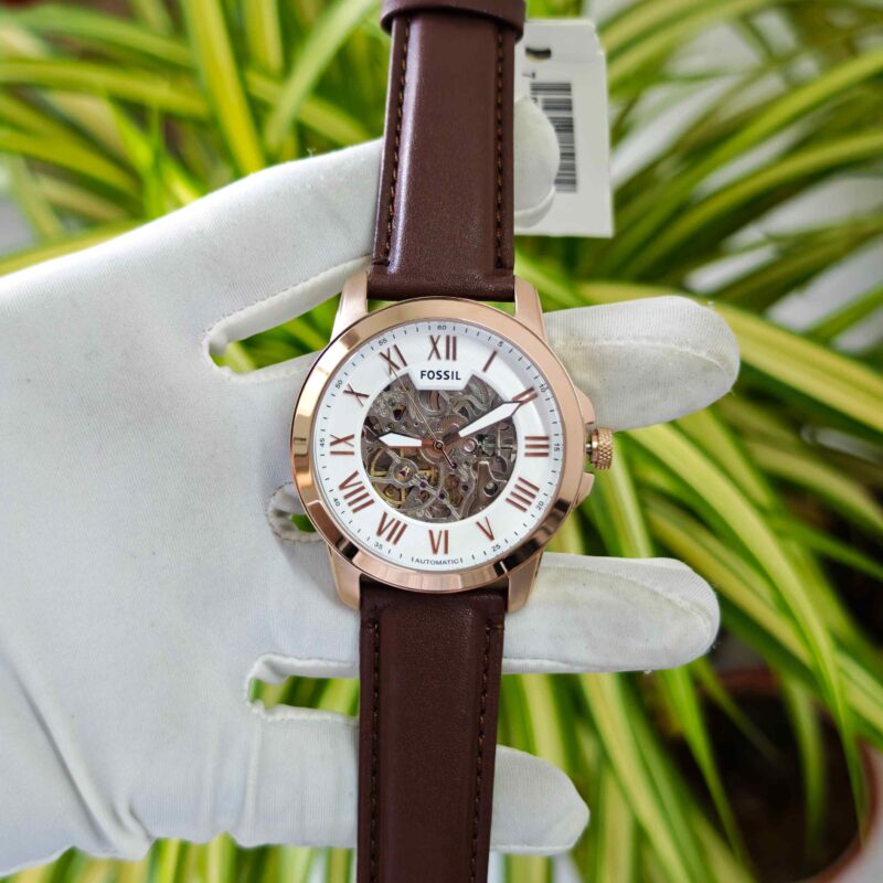 Fossil Grant Skeleton Roman Marker Steel Full Rose Gold White Dial