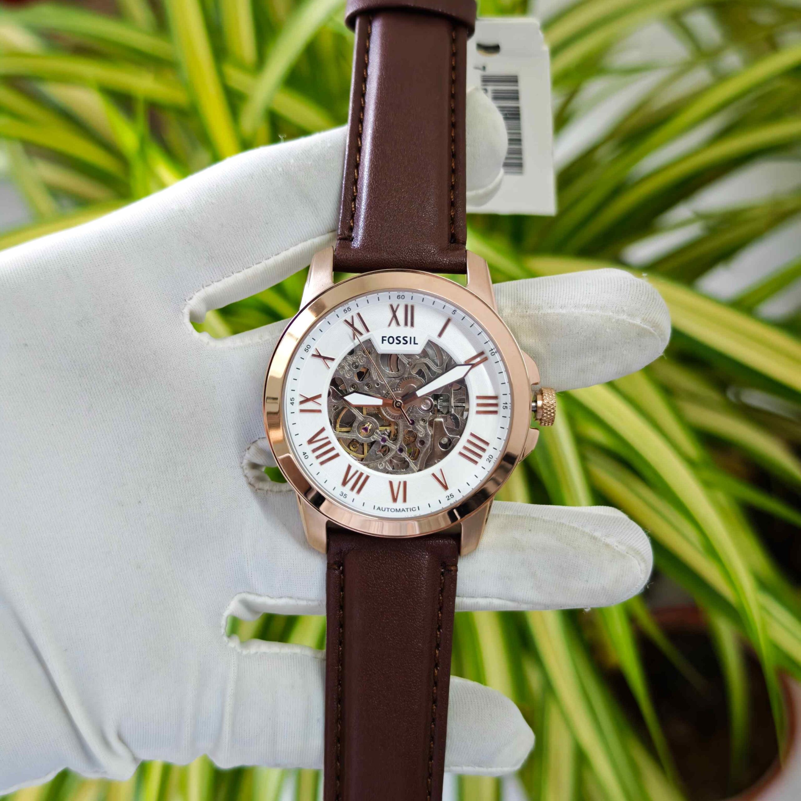 Fossil Grant Skeleton Roman Marker Steel Full Rose Gold White Dial