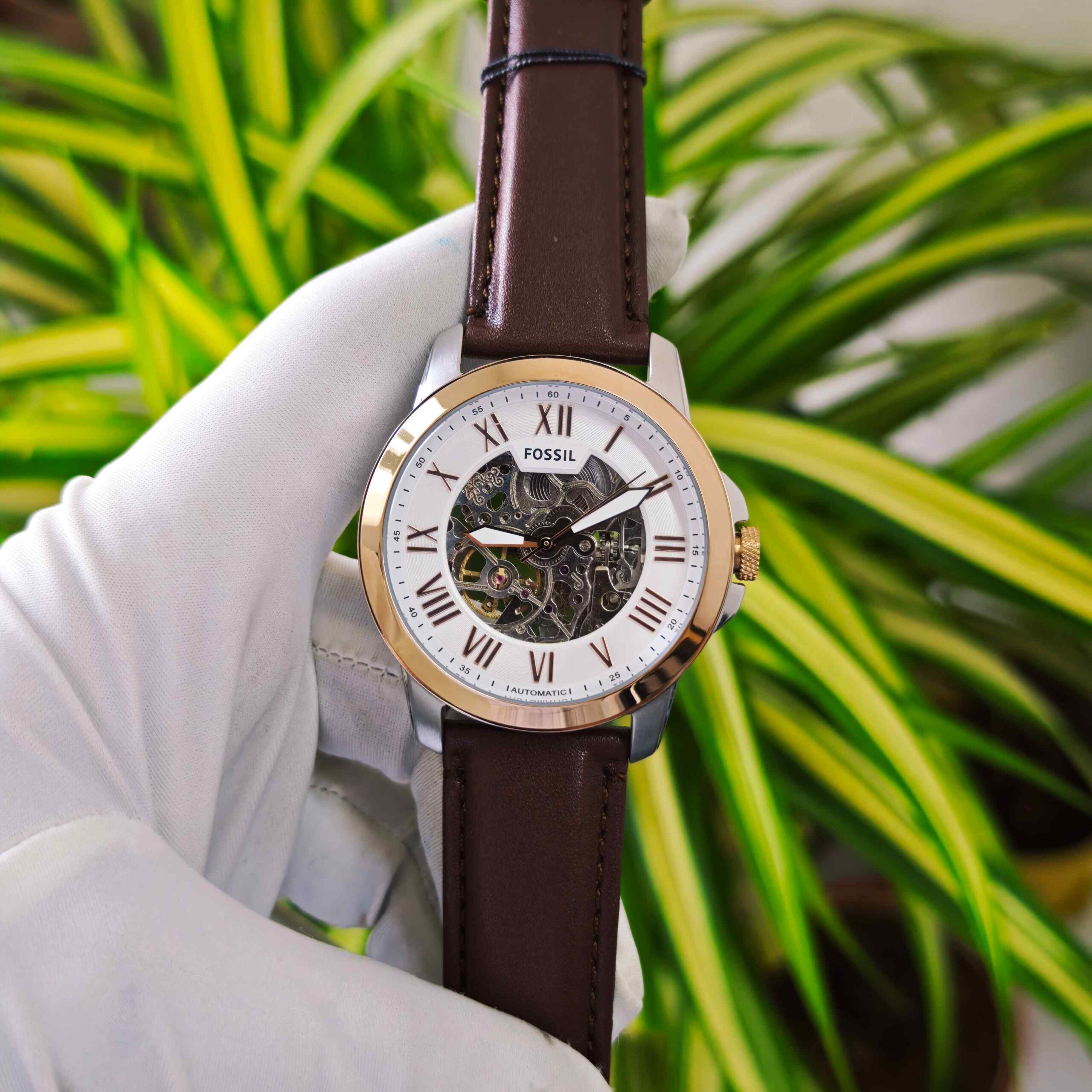 Fossil Grant Skeleton Roman Marker Steel Rose Gold White Dial - Image 2