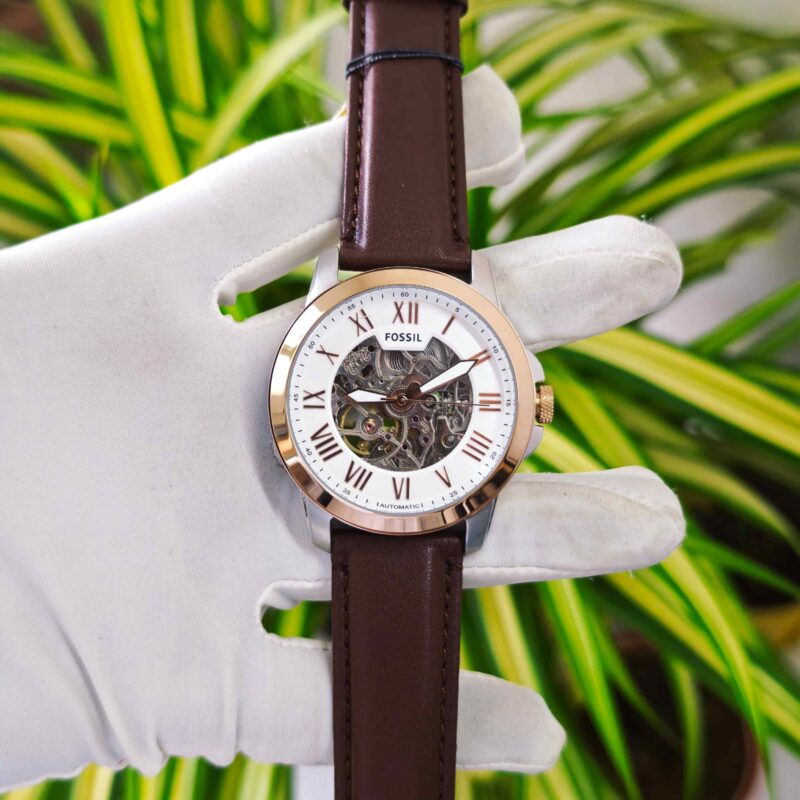 Fossil Grant Skeleton Roman Marker Steel Rose Gold White Dial