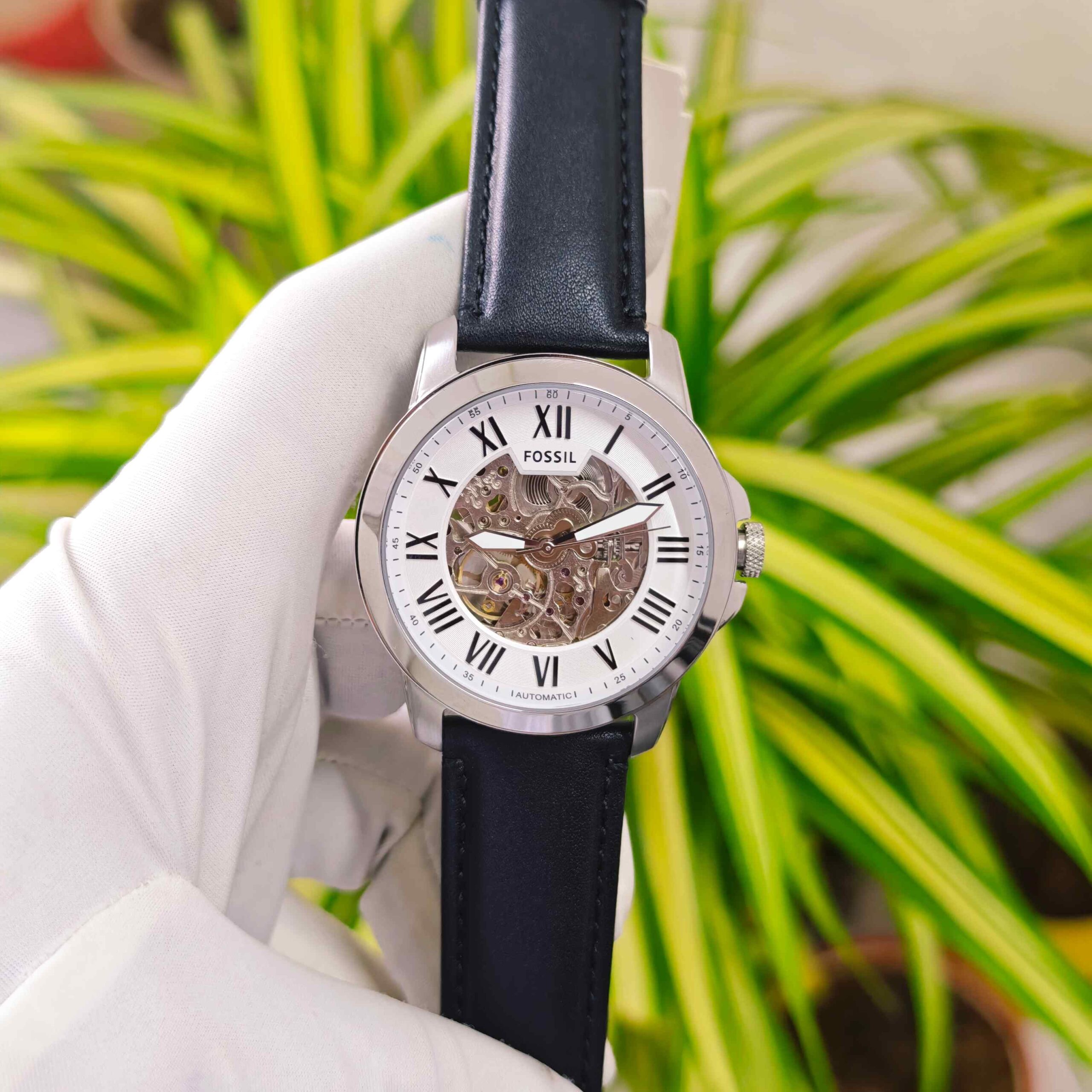 Fossil Grant Skeleton Roman Marker Steel White Dial Black Leather - Image 2