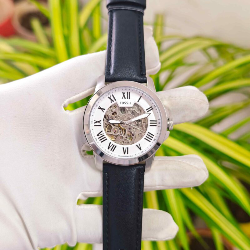 Fossil Grant Skeleton Roman Marker Steel White Dial Black Leather