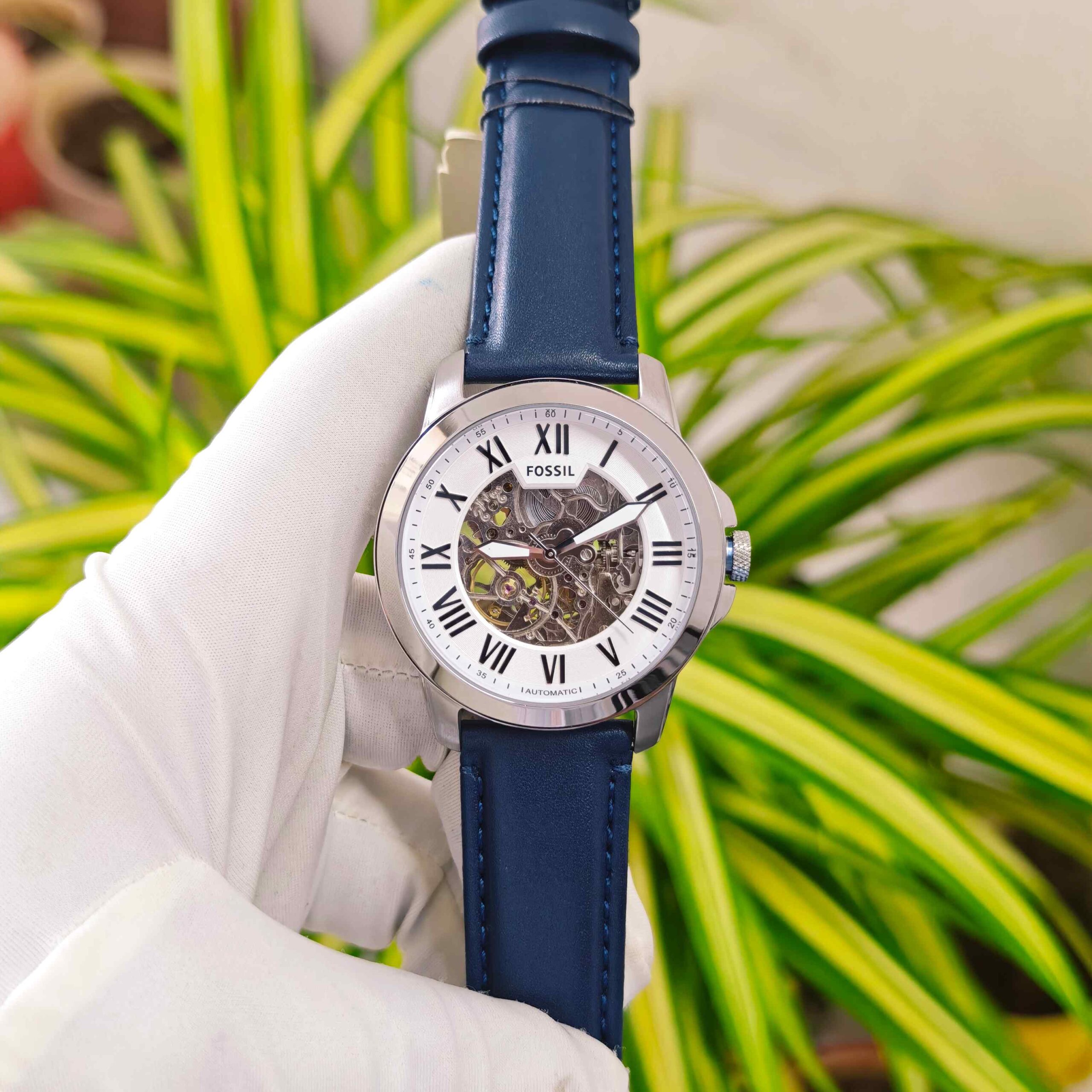 Fossil Grant Skeleton Roman Marker Steel White Dial Blue Leather - Image 2