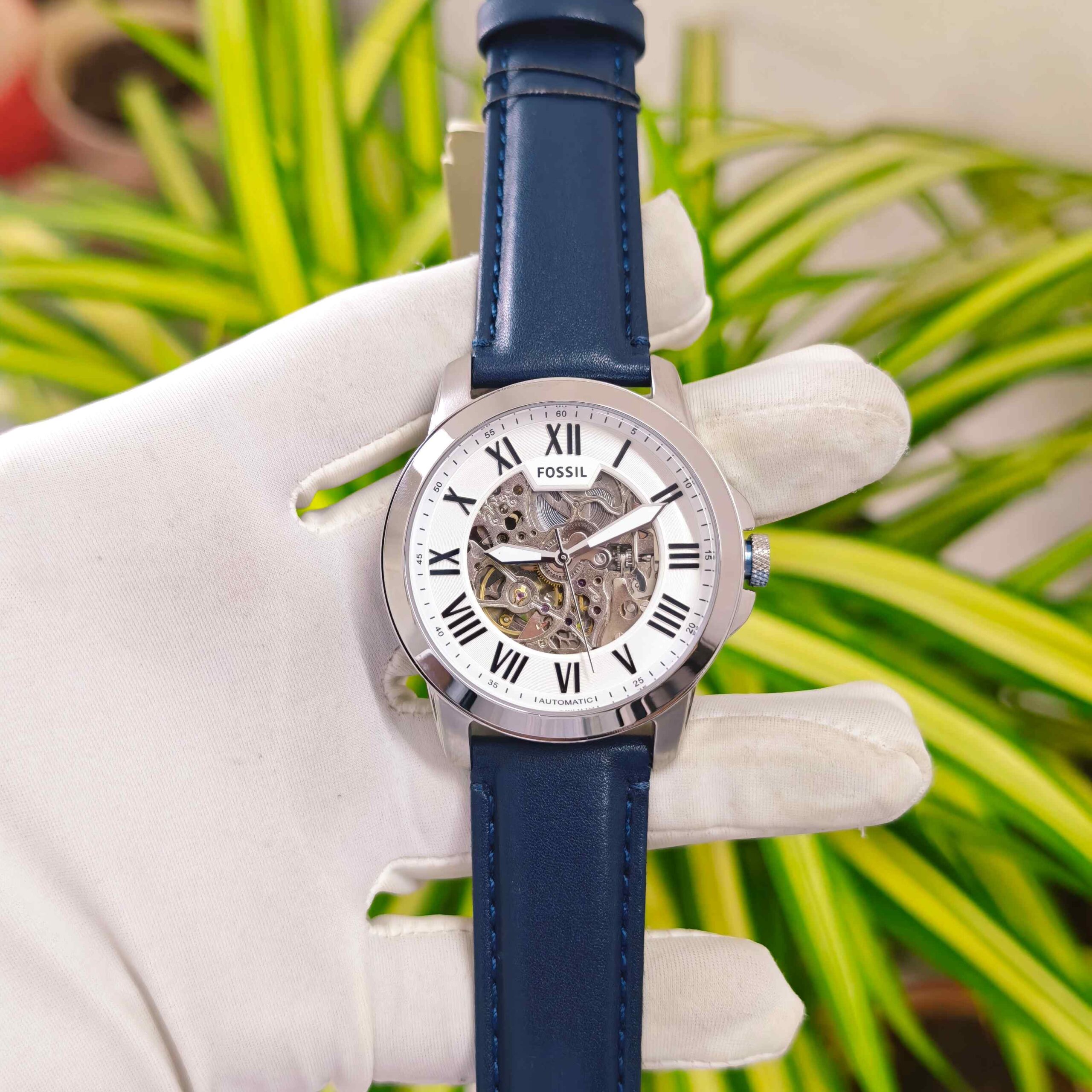 Fossil Grant Skeleton Roman Marker Steel White Dial Blue Leather