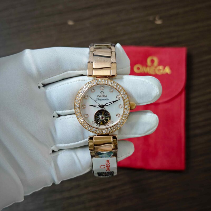 Omega De Ville Ladymatic Tourbillon Rose Gold White Dial Diamond Marker