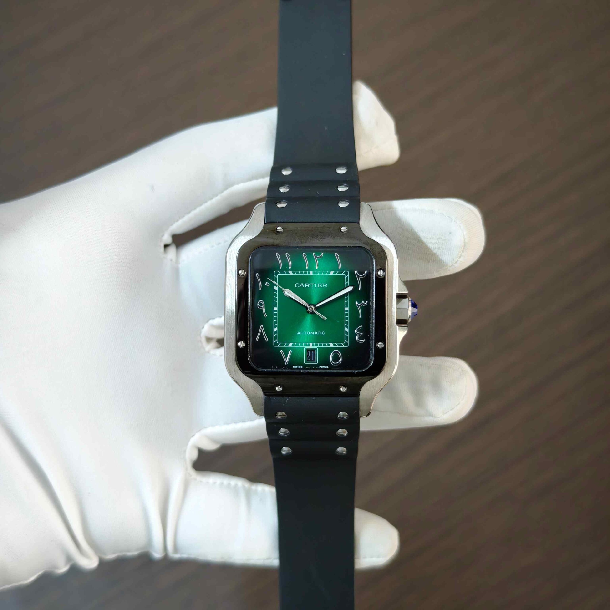 Cartier Santos de Steel Arabic numerals Green Dial Rubber Strap Automatic