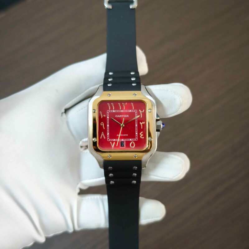 Cartier Santos de Steel Arabic numerals Red Dial Rubber Strap Automatic