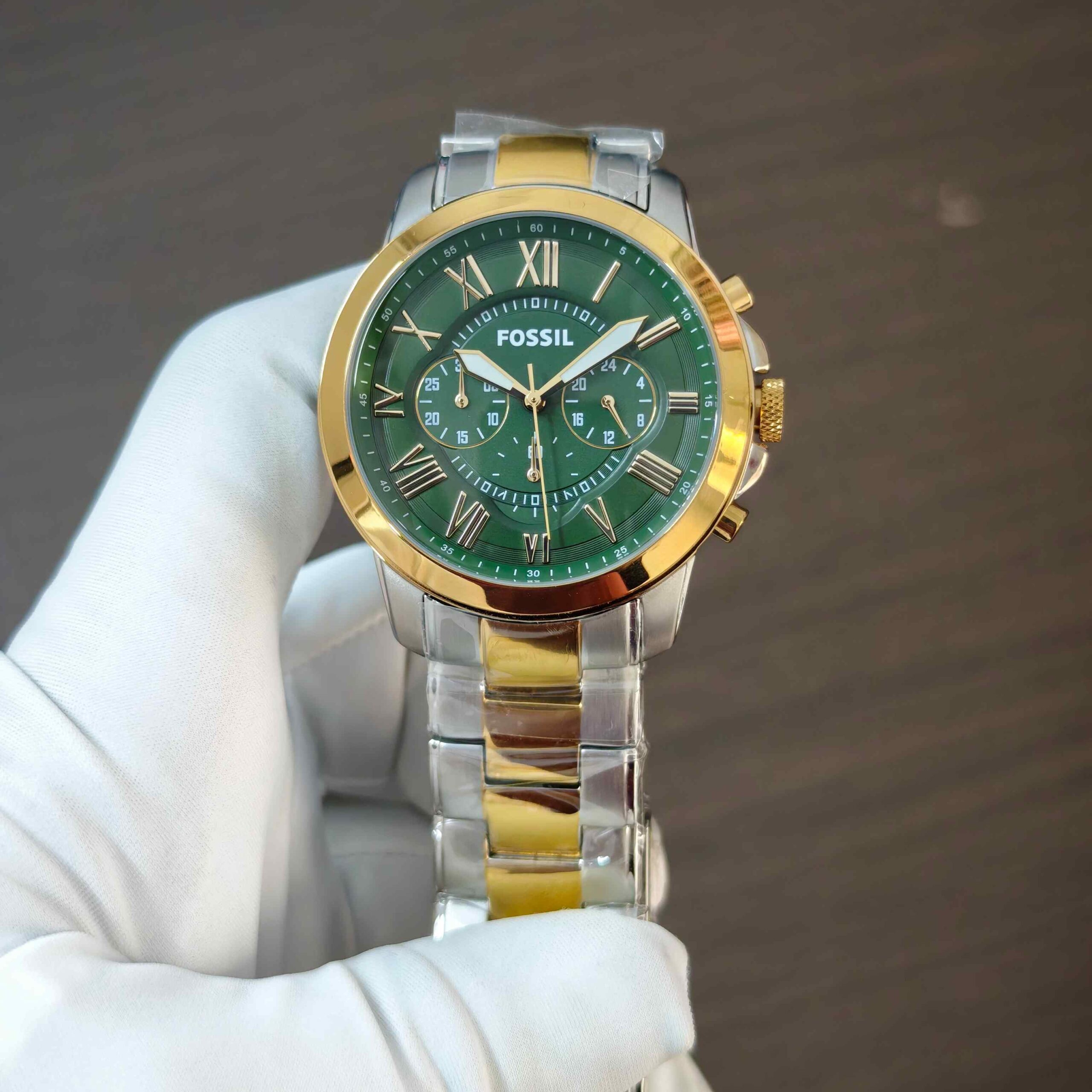 Fossil Grant Chronograph Dual Tone Steel Green Dial Quartz
