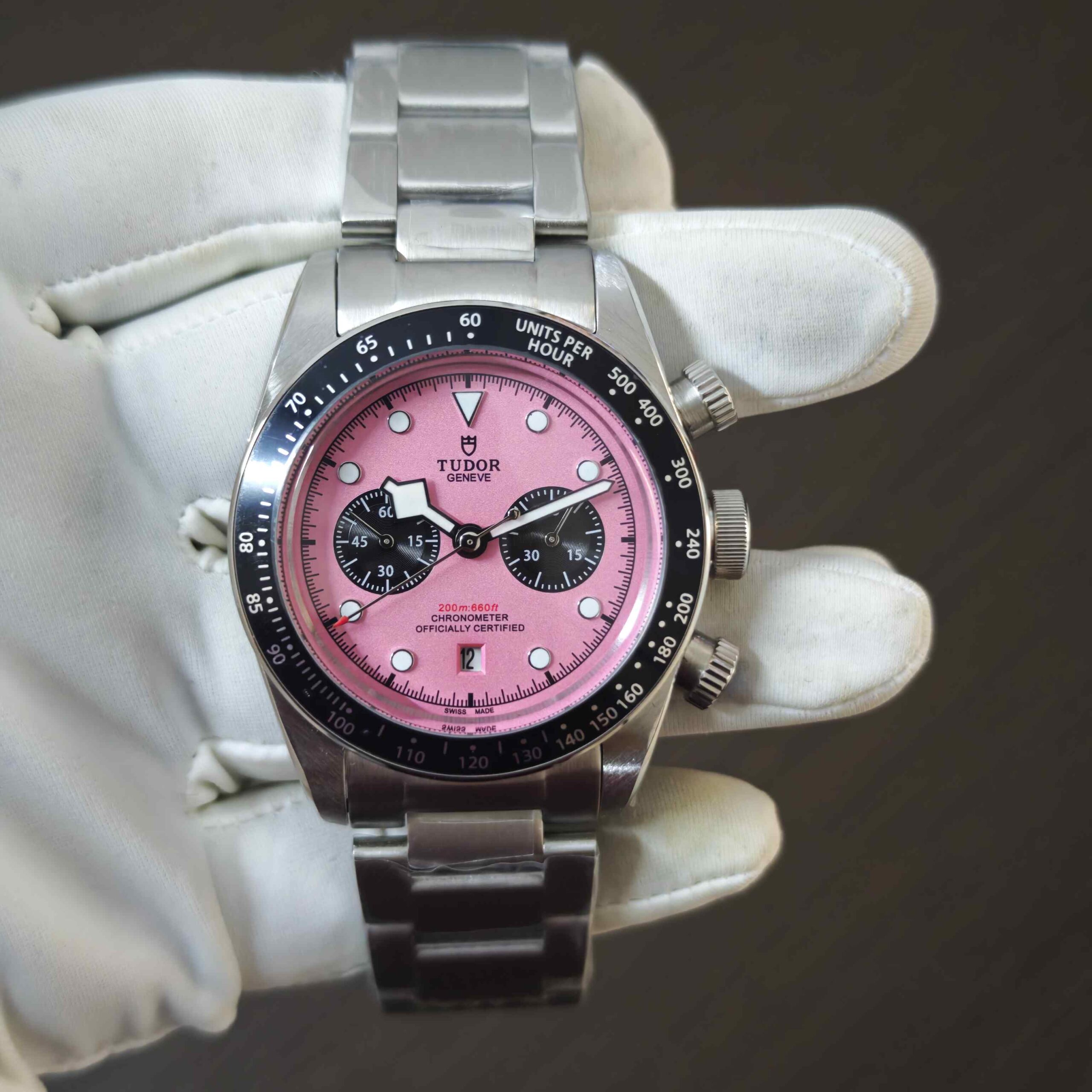 Tudor Black Bay Chronograph steel automatic watch featuring a stylish pink dial, chronograph subdials, stainless steel case and premium sporty luxury design.