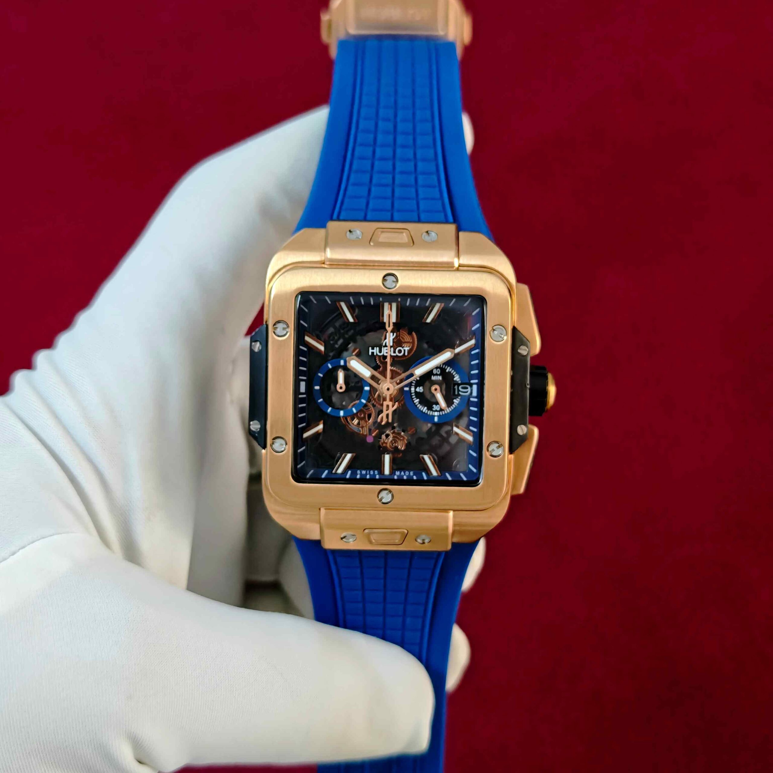 Hublot Square Bang Unico Rose Gold Steel Blue Dial Blue Rubber Strap Quartz