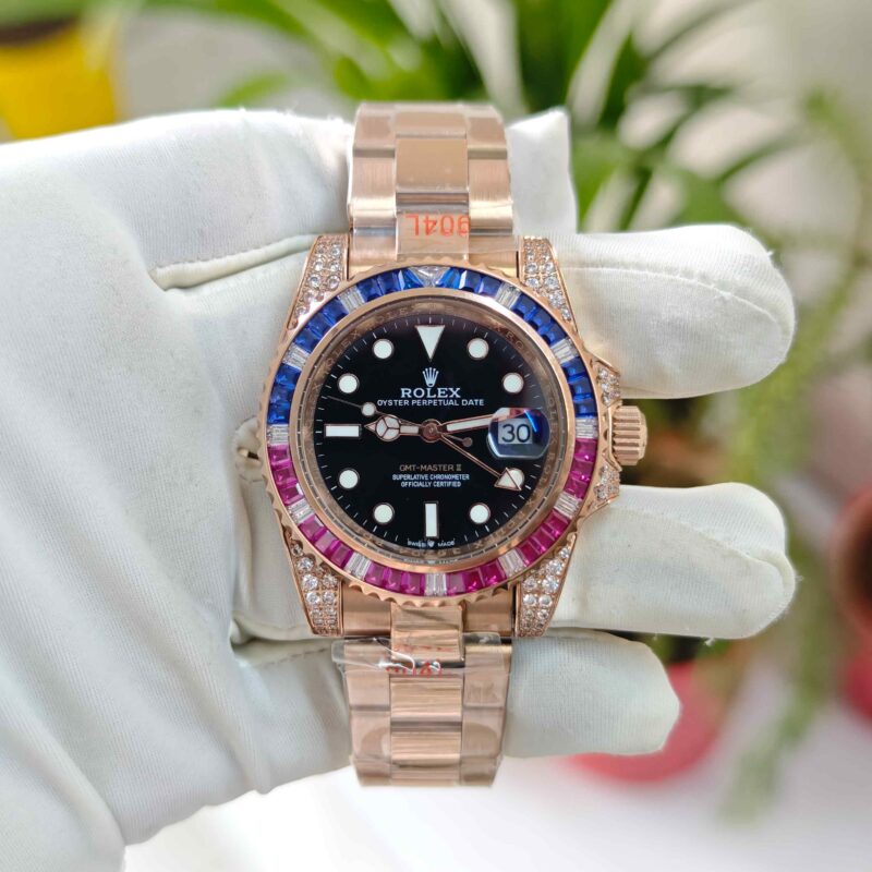 Rolex GMT-Master II Rose Gold Diamond Bazel Black Dial