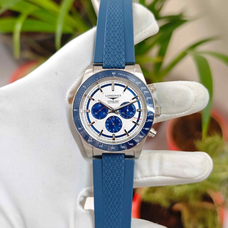 Longines Conquest Chronograph Steel White Dial Blue Ruber Strap Automatic