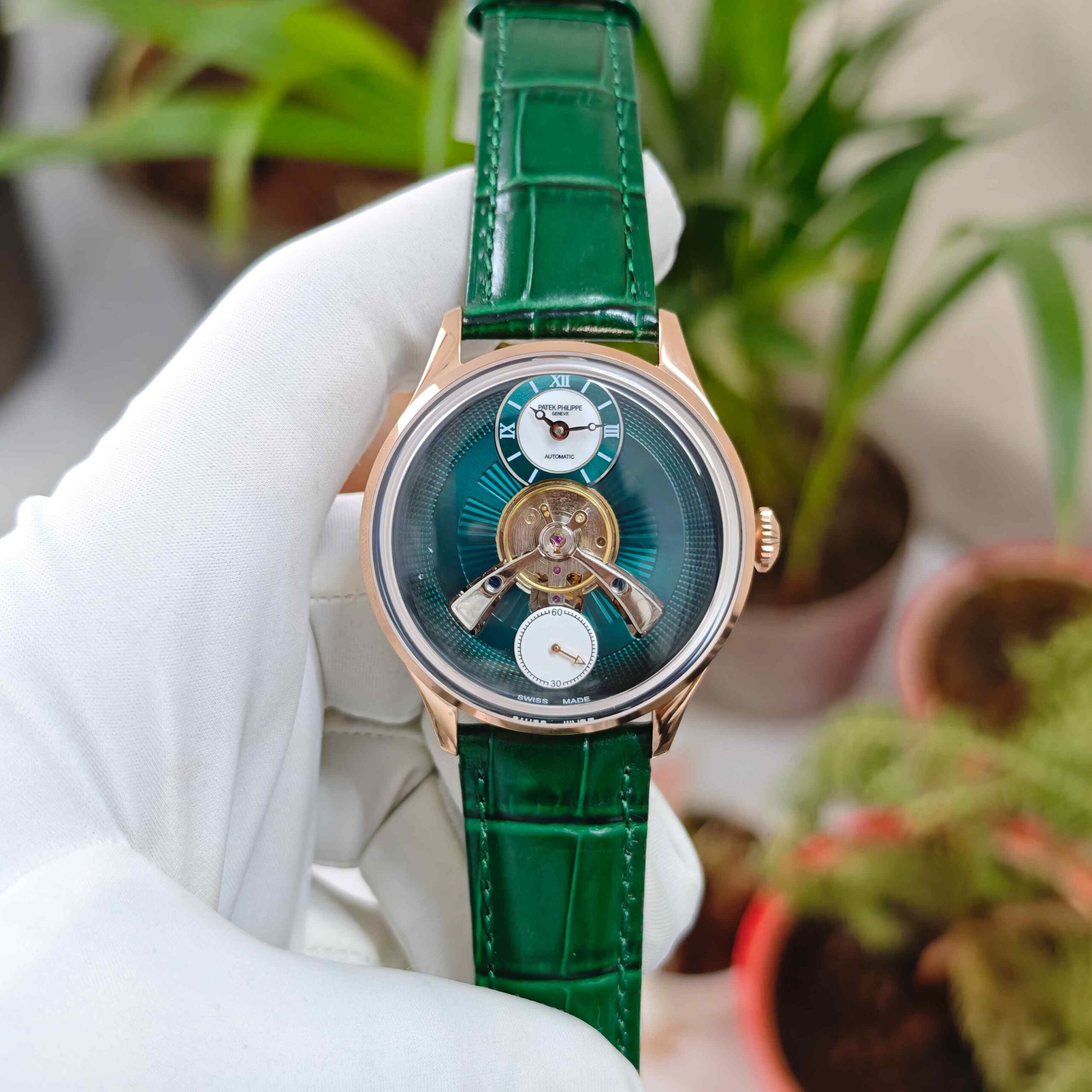 Patek Philippe Geneve Tourbillon Rose Gold Full Green Roman Dial Leather Strap Automatic - Image 2