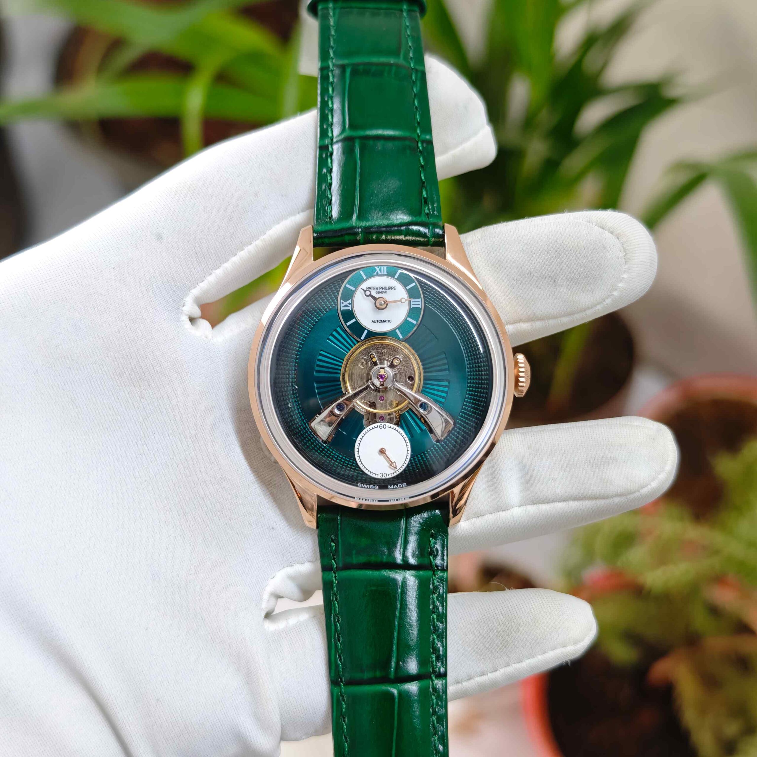 Patek Philippe Geneve Tourbillon Rose Gold Full Green Roman Dial Leather Strap Automatic