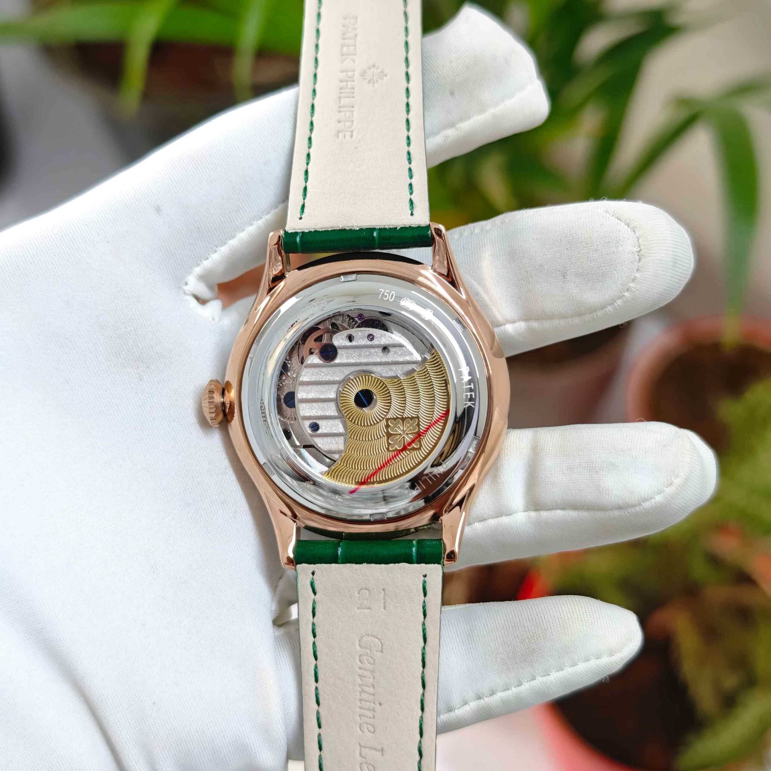 Patek Philippe Geneve Tourbillon Rose Gold Full Green Roman Dial Leather Strap Automatic - Image 3