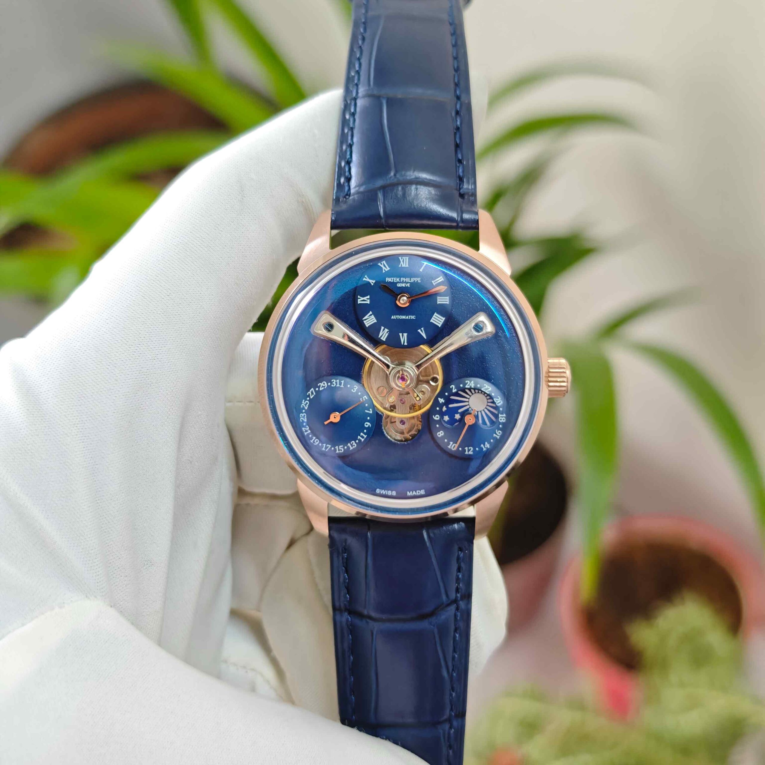 Patek Philippe Geneve Tourbillon Rose Gold Full Blue Dial Leather Strap Automatic - Image 2