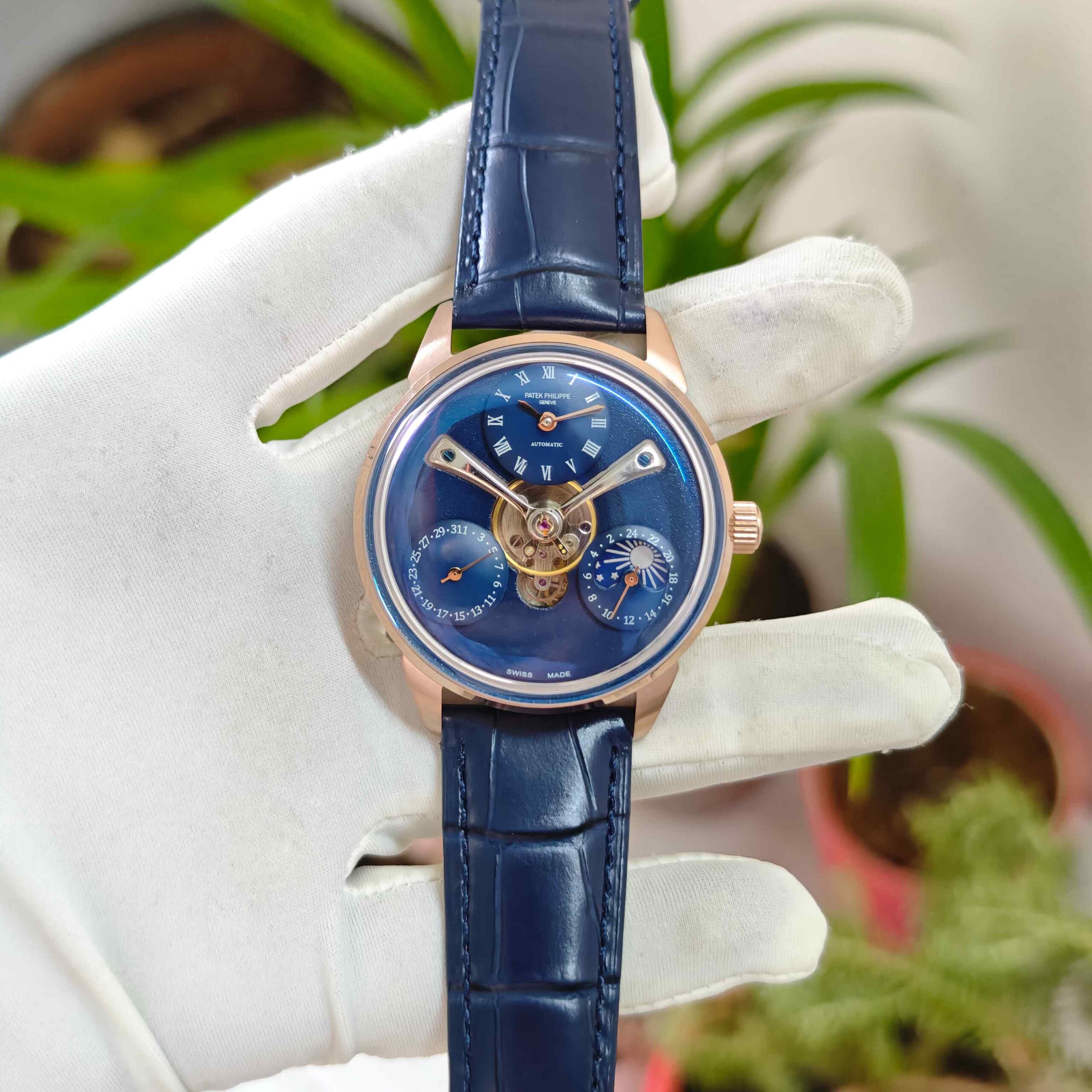 Patek Philippe Geneve Tourbillon Rose Gold Full Blue Dial Leather Strap Automatic