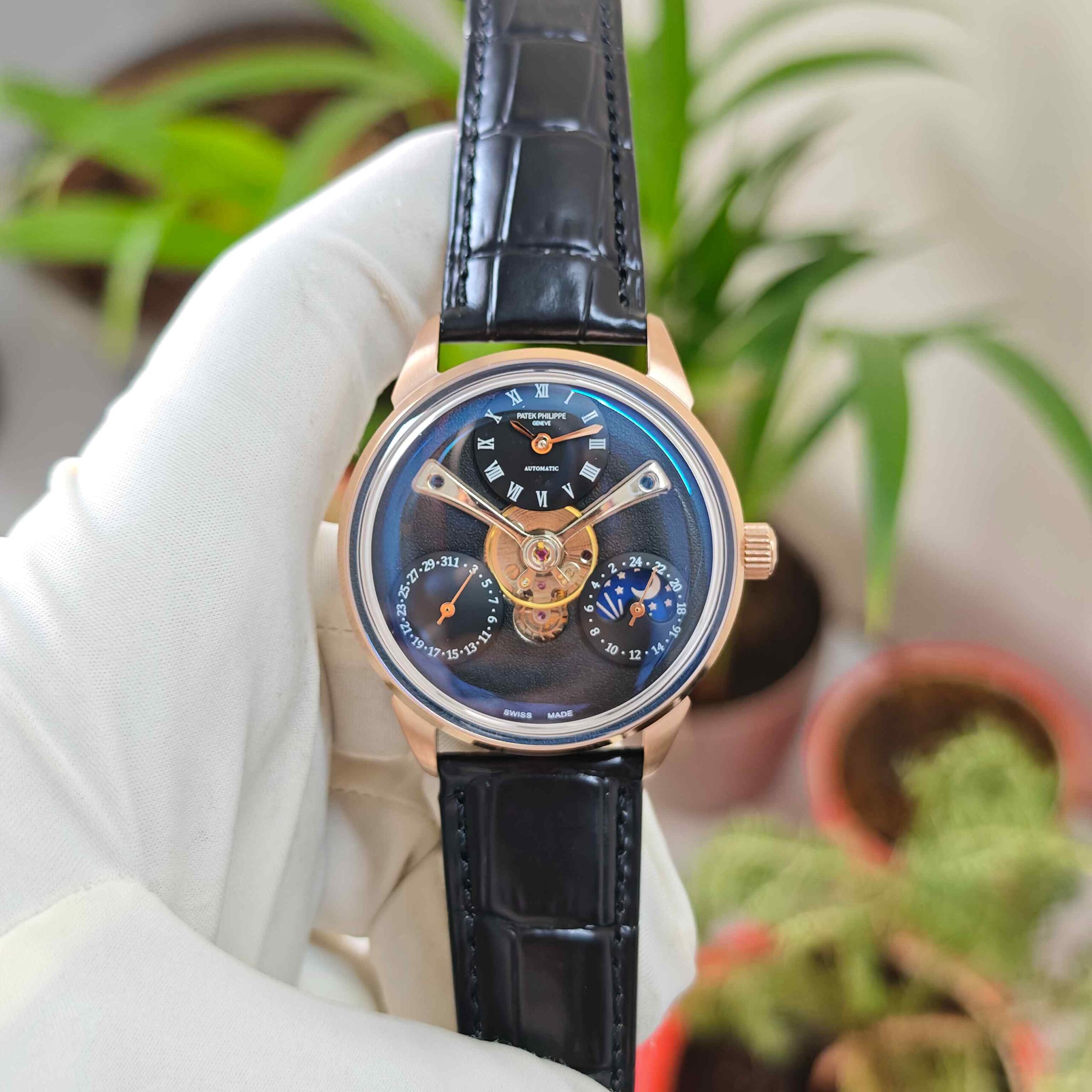 Patek Philippe Geneve Tourbillon Rose Gold Full Black Dial Leather Strap Automatic - Image 2