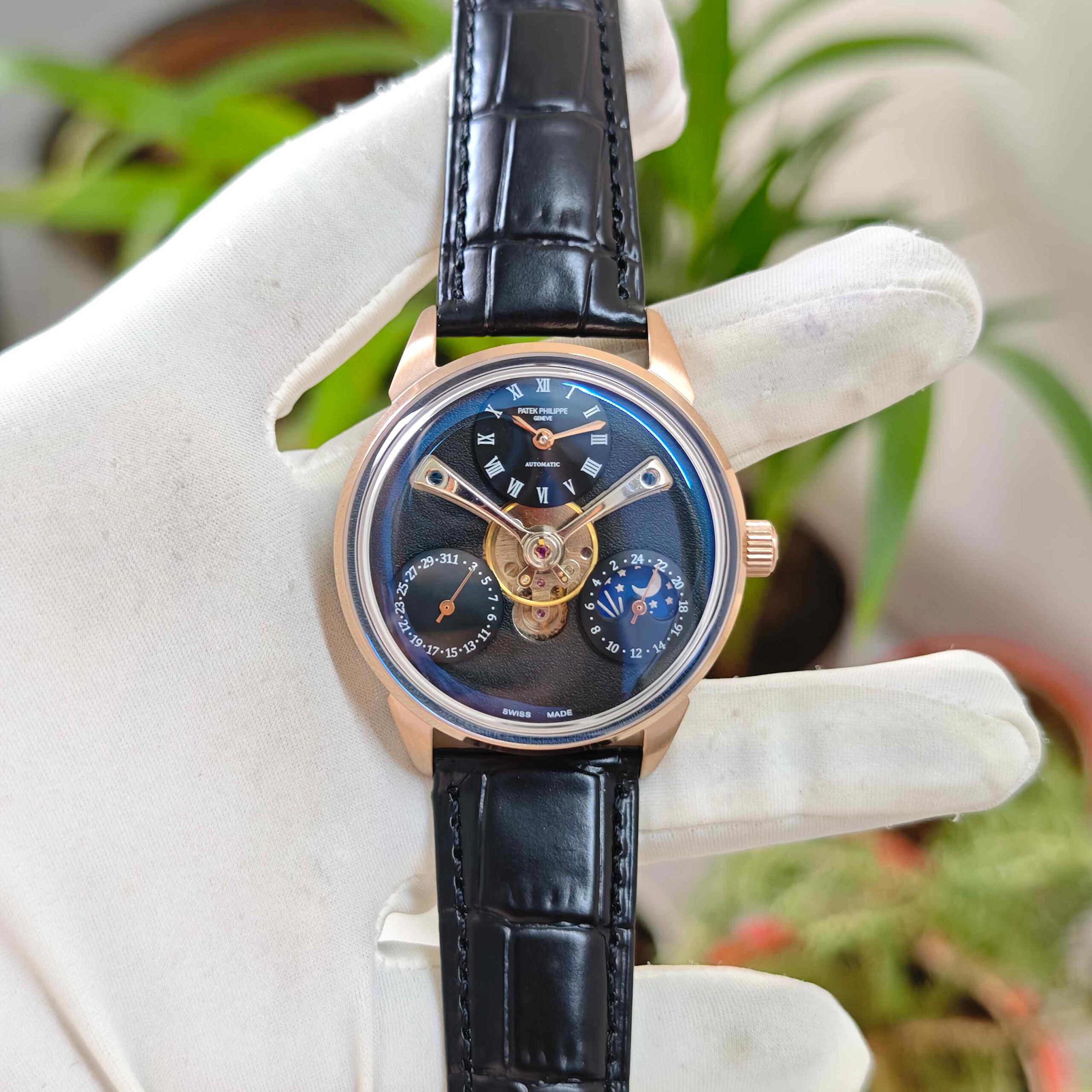 Patek Philippe Geneve Tourbillon Rose Gold Full Black Dial Leather Strap Automatic