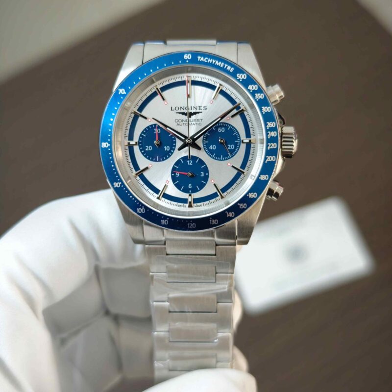Longines Conquest Blue Chronograph Steel White Dial Blue Bazel Quartz