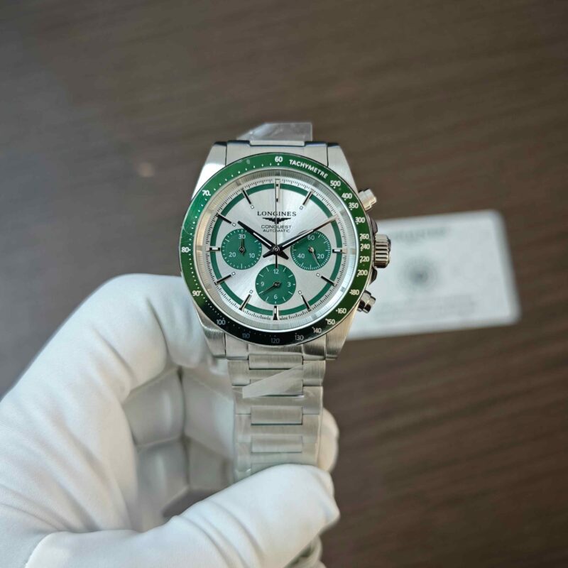 Longines Conquest Green Chronograph Steel White Dial Green Bazel Quartz