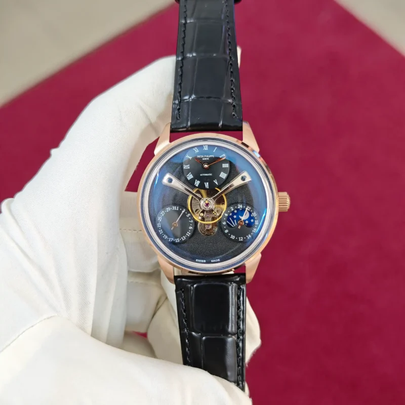 Patek Philippe Geneve Tourbillon Rose Gold Full Black Dial Leather Strap Automatic