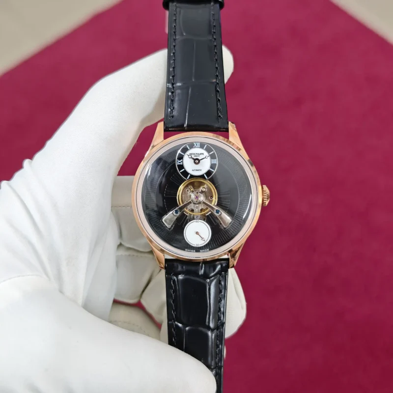 Patek Philippe Geneve Tourbillon Rose Gold Full Black Roman Dial Leather Strap Automatic