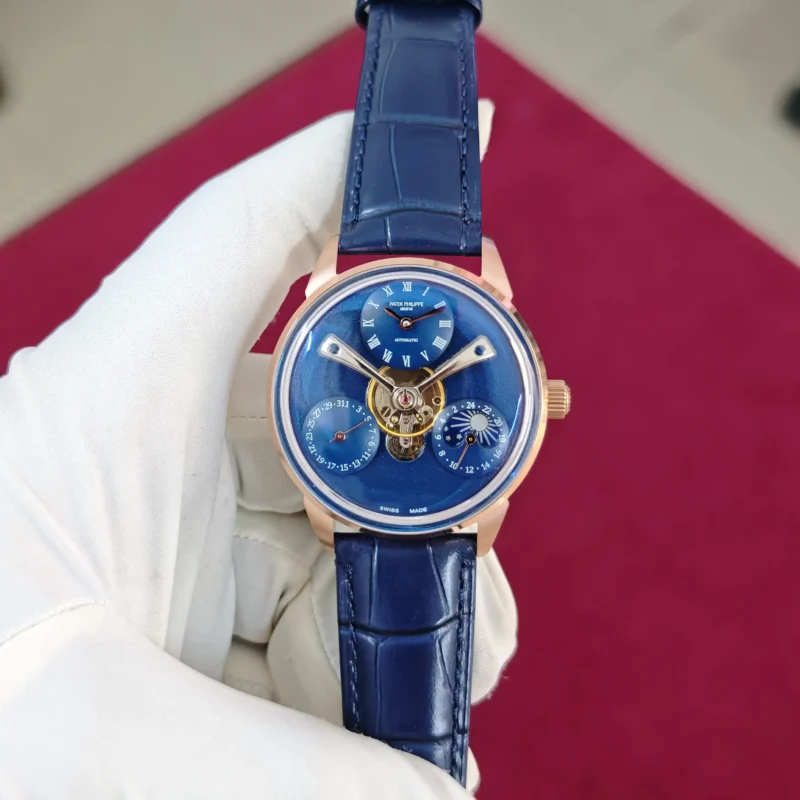 Patek Philippe Geneve Tourbillon Rose Gold Full Blue Dial Leather Strap Automatic