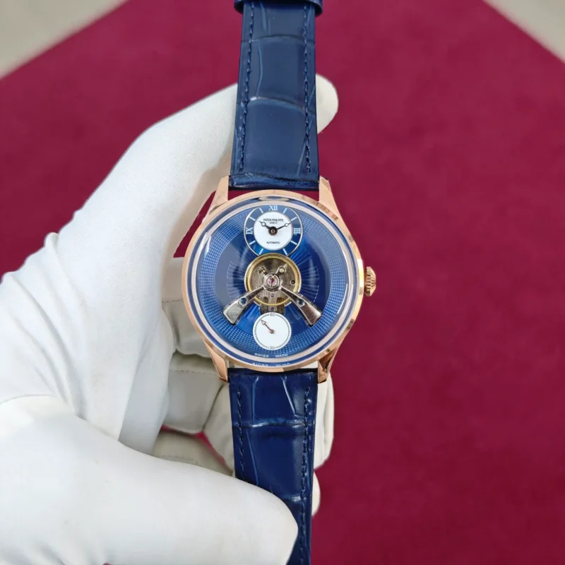 Patek Philippe Geneve Tourbillon Rose Gold Full Blue Roman Dial Leather Strap Automatic