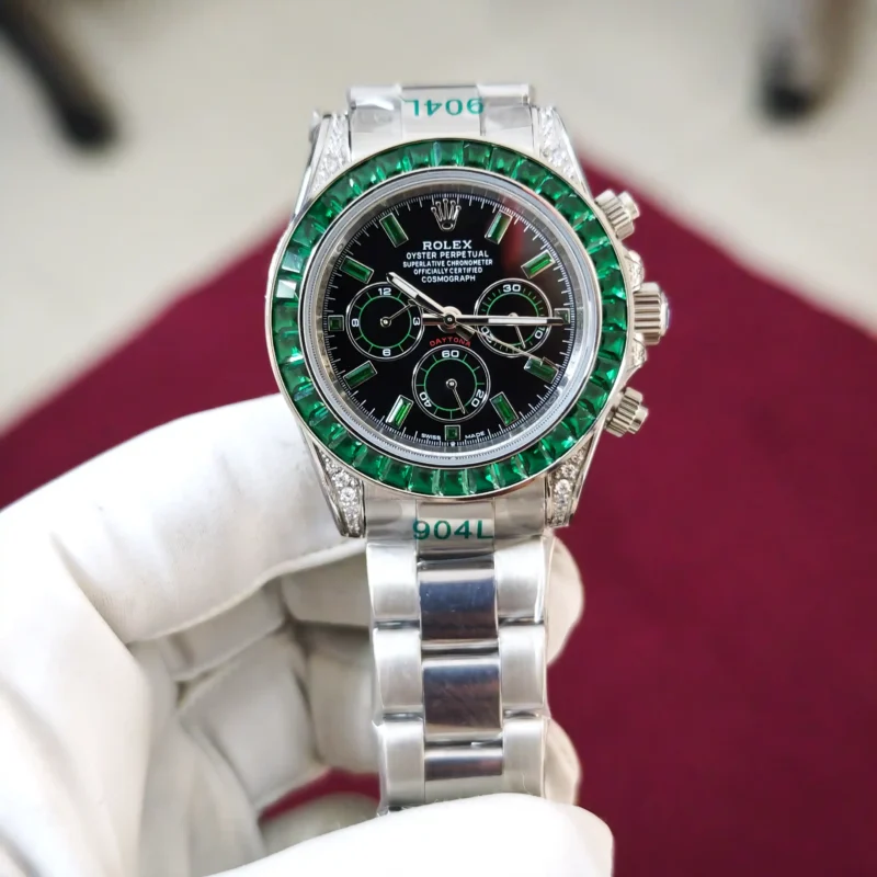 Rolex Oyster Perpetual Cosmograph Daytona Green Diamond Bazel marker Steel Black Dial Automatic