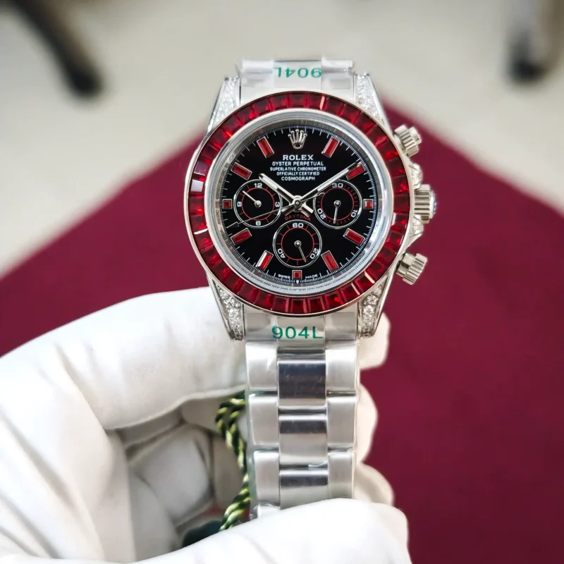 Rolex Oyster Perpetual Cosmograph Daytona Red Diamond Bazel marker Steel Black Dial Automatic