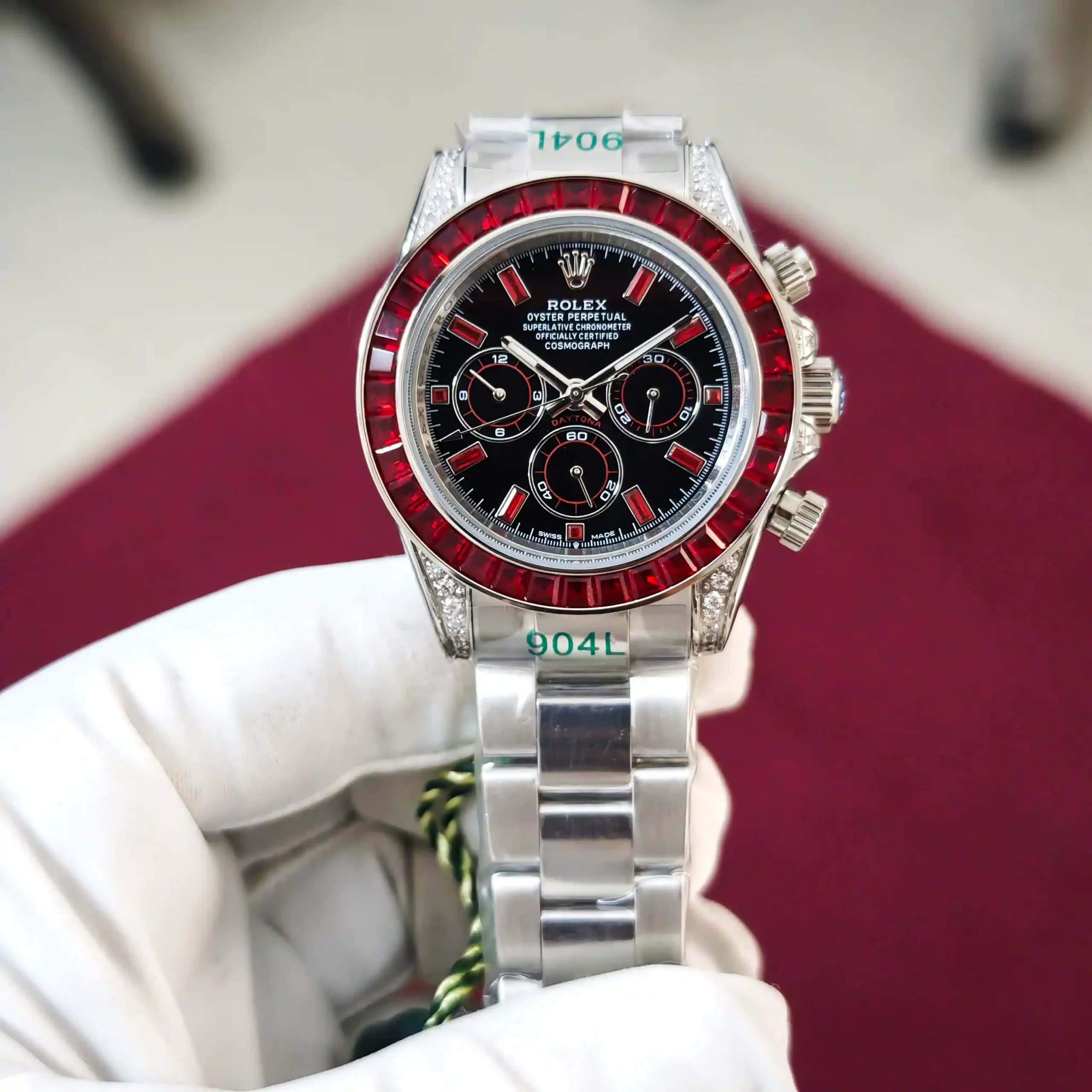 Rolex Oyster Perpetual Cosmograph Daytona Red Diamond Bazel marker Steel Black Dial Automatic