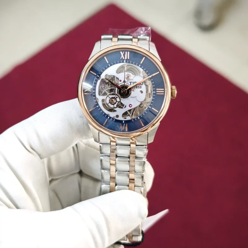 Tissot Chemin des Tourelles Rose Gold Skeleton Blue Dial Dual Tone Automatic