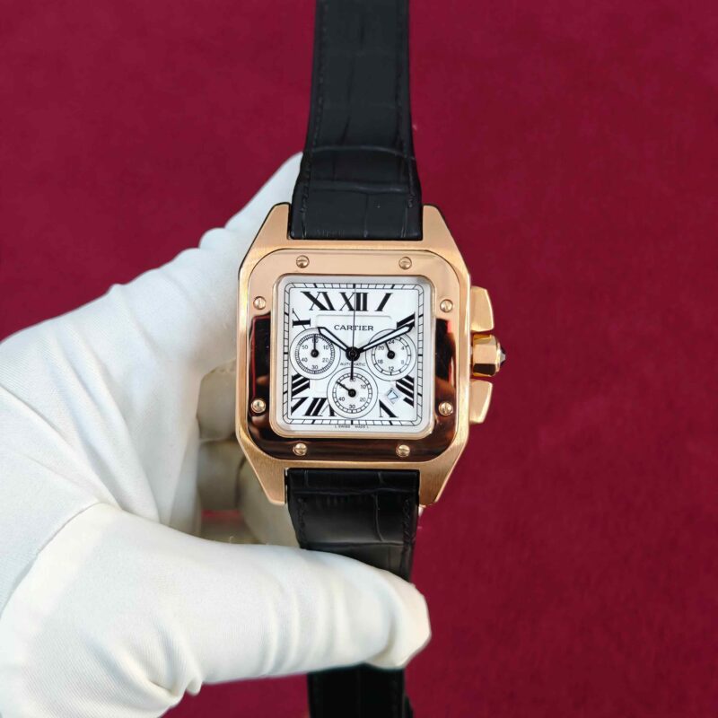 Cartier Santos Chronograph Rose Gold White Dial Black Leather Strap Automatic