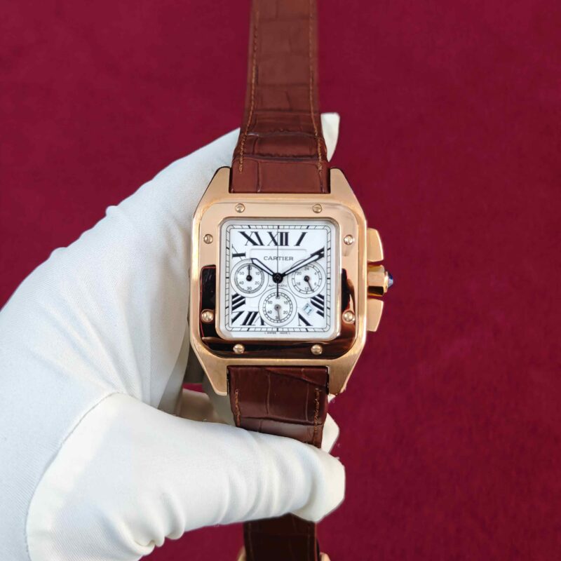 Cartier Santos Chronograph Rose Gold White Dial Brown Leather Strap Automatic