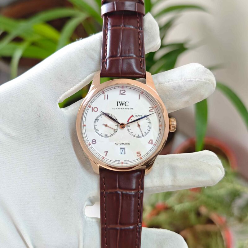 IWC Schaffhausen Portugieser Rose Gold White Dial Leather Strap Automatic