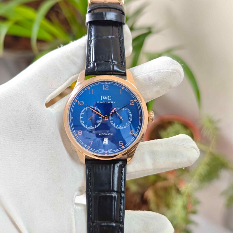 IWC Schaffhausen Portugieser Rose Gold Blue Dial Leather Strap