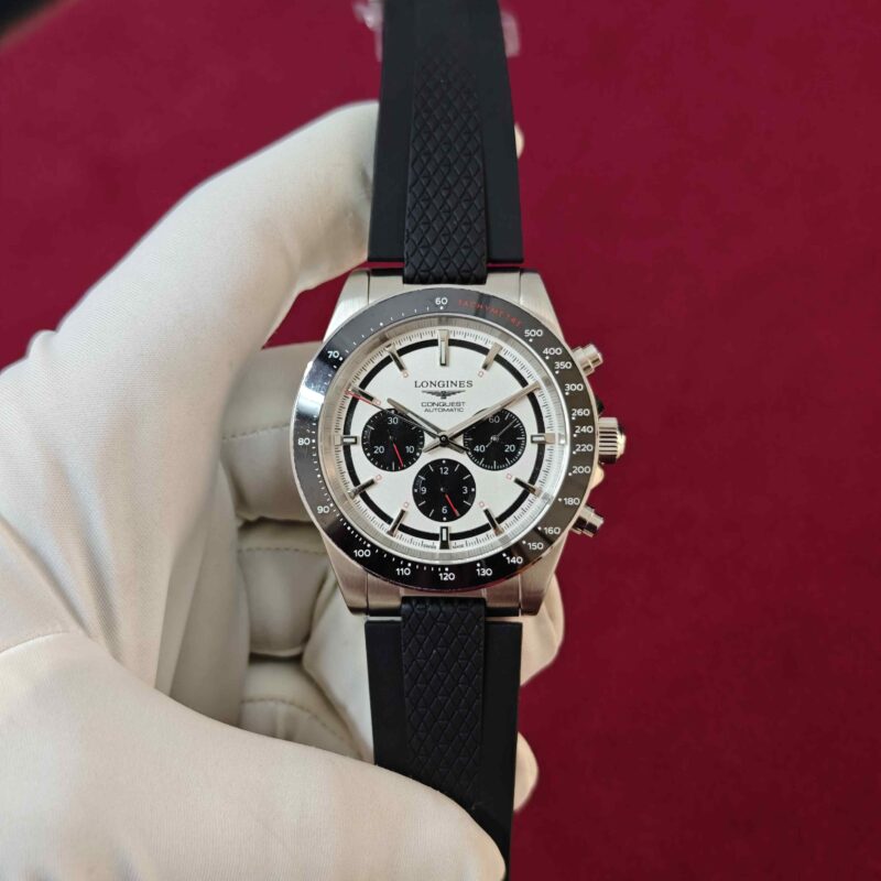 Longines Conquest Chronograph Steel White Dial Black Ruber Strap Automatic
