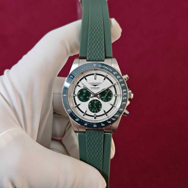 Longines Conquest Chronograph Steel White Dial Green Ruber Strap Automatic