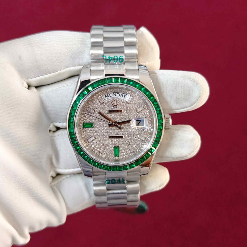 Rolex Day-Date Steel Full Diamond Dial Stick Marker Automatic