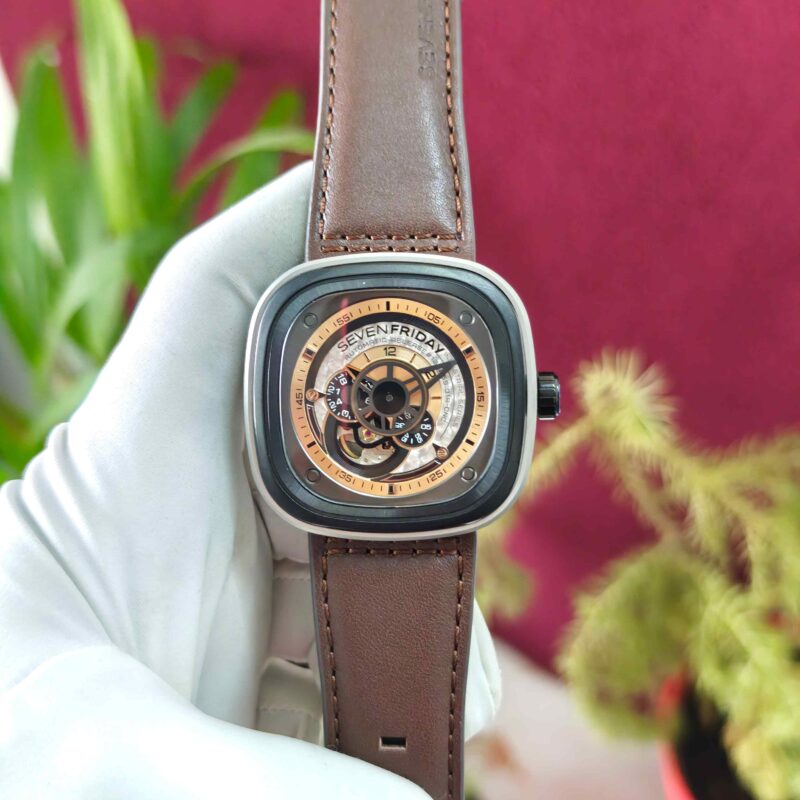 SevenFriday Industrial Series P2-01 Skeleton Black Dial Dark Brown Leather Strap Automatic