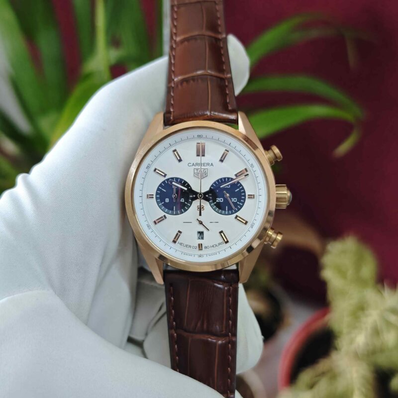 TAG Heuer Carrera Chronograph Rose Gold White Dial Brown Leather Strap Quartz