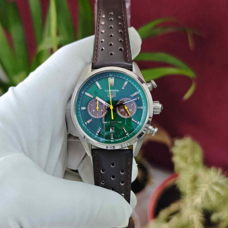 TAG Heuer Carrera Chronograph Steel Green Dial Dark Brown Leather Strap Quartz