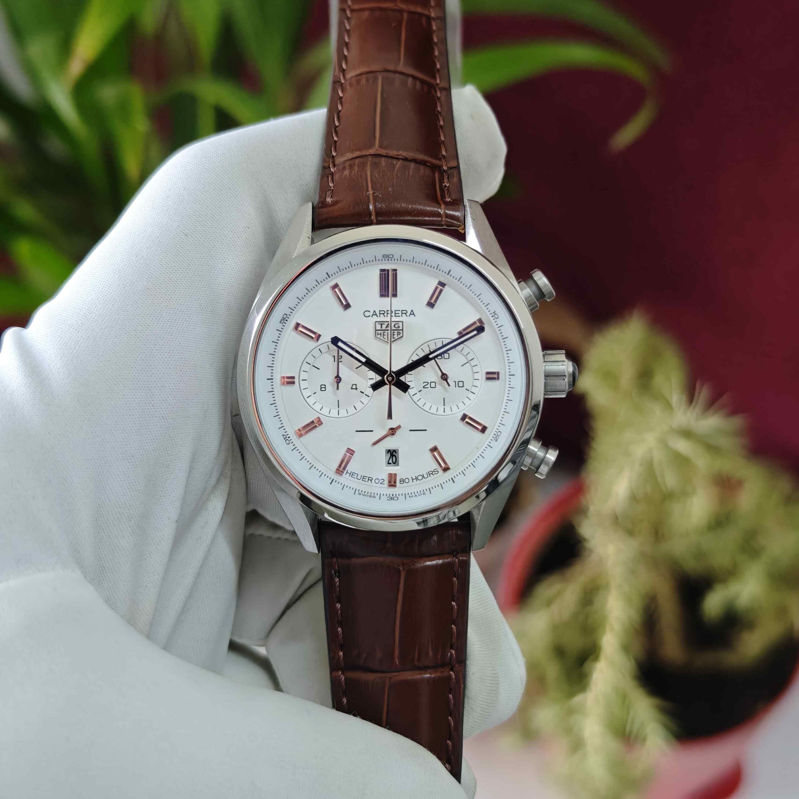TAG Heuer Carrera Chronograph Steel White Dial Brown Leather Strap Quartz
