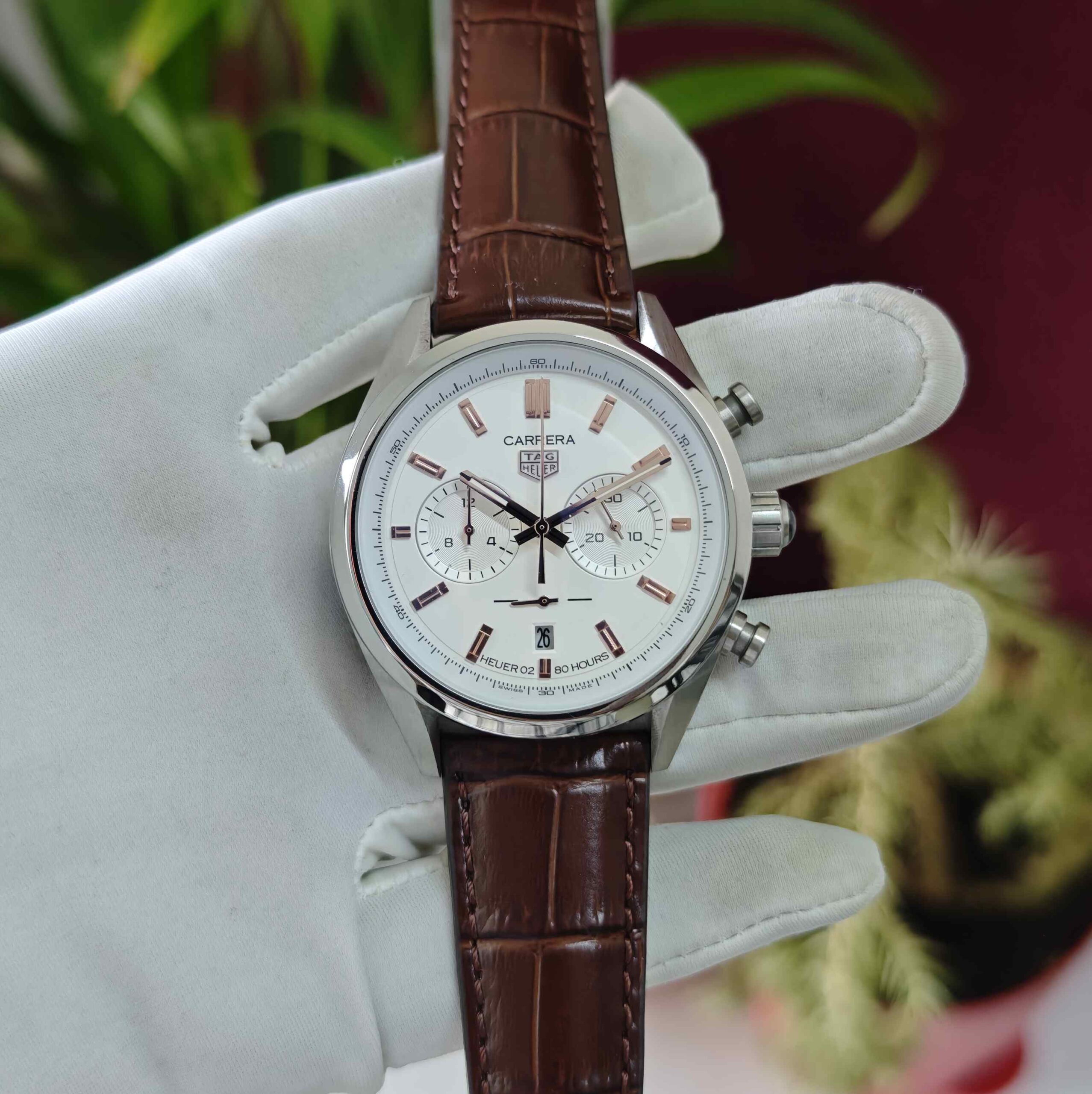 TAG Heuer Carrera Chronograph Steel White Dial Brown Leather Strap Quartz - Image 2