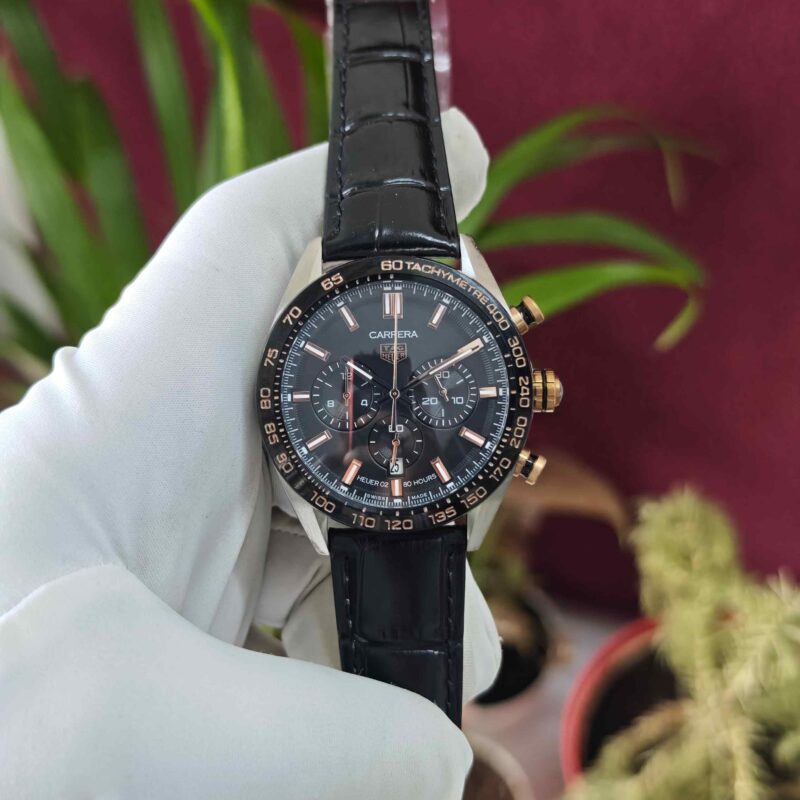 Tag Heuer Carrera Sport Steel Gold Case Chronograph Black Dial Leather Strap Quartz