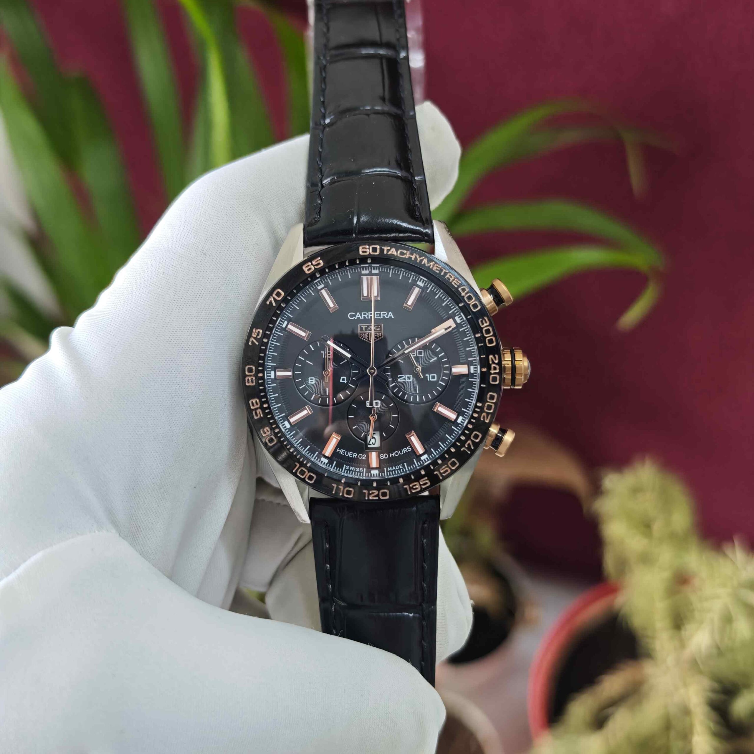 Tag Heuer Carrera Sport Steel Gold Case Chronograph Black Dial Leather Strap Quartz