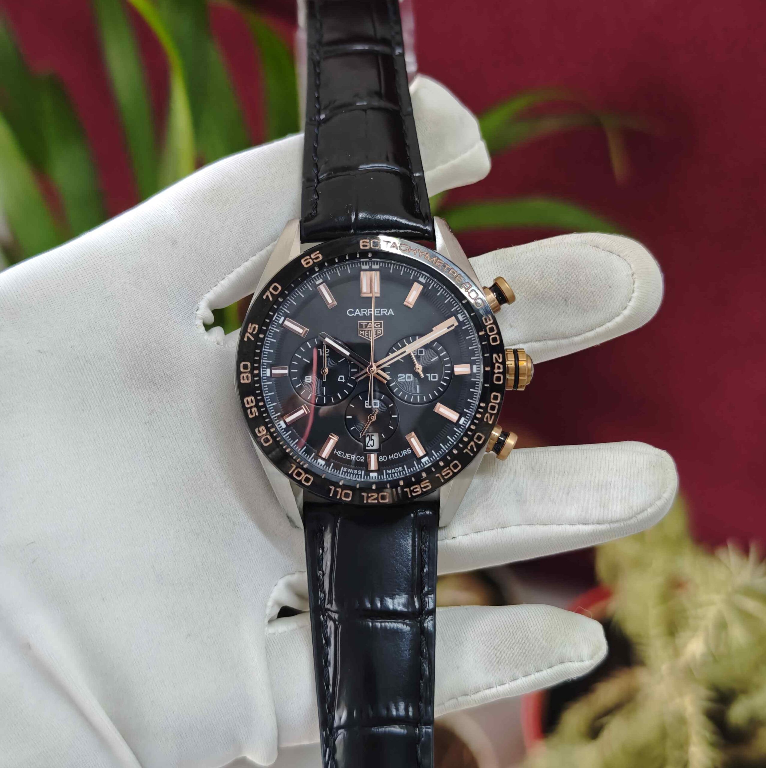 Tag Heuer Carrera Sport Steel Gold Case Chronograph Black Dial Leather Strap Quartz - Image 2